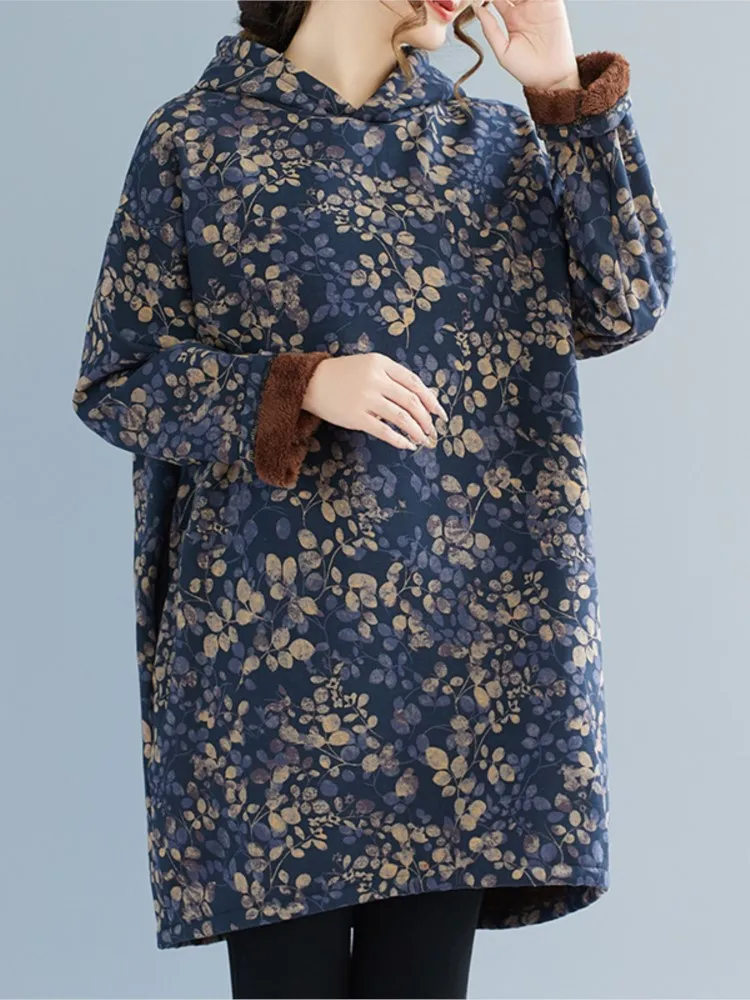 Oversized herfst winter pluche hooded sweatshirt dames bloem bloemenprint mode dames sweatshirts losse vrouw sweatshirt