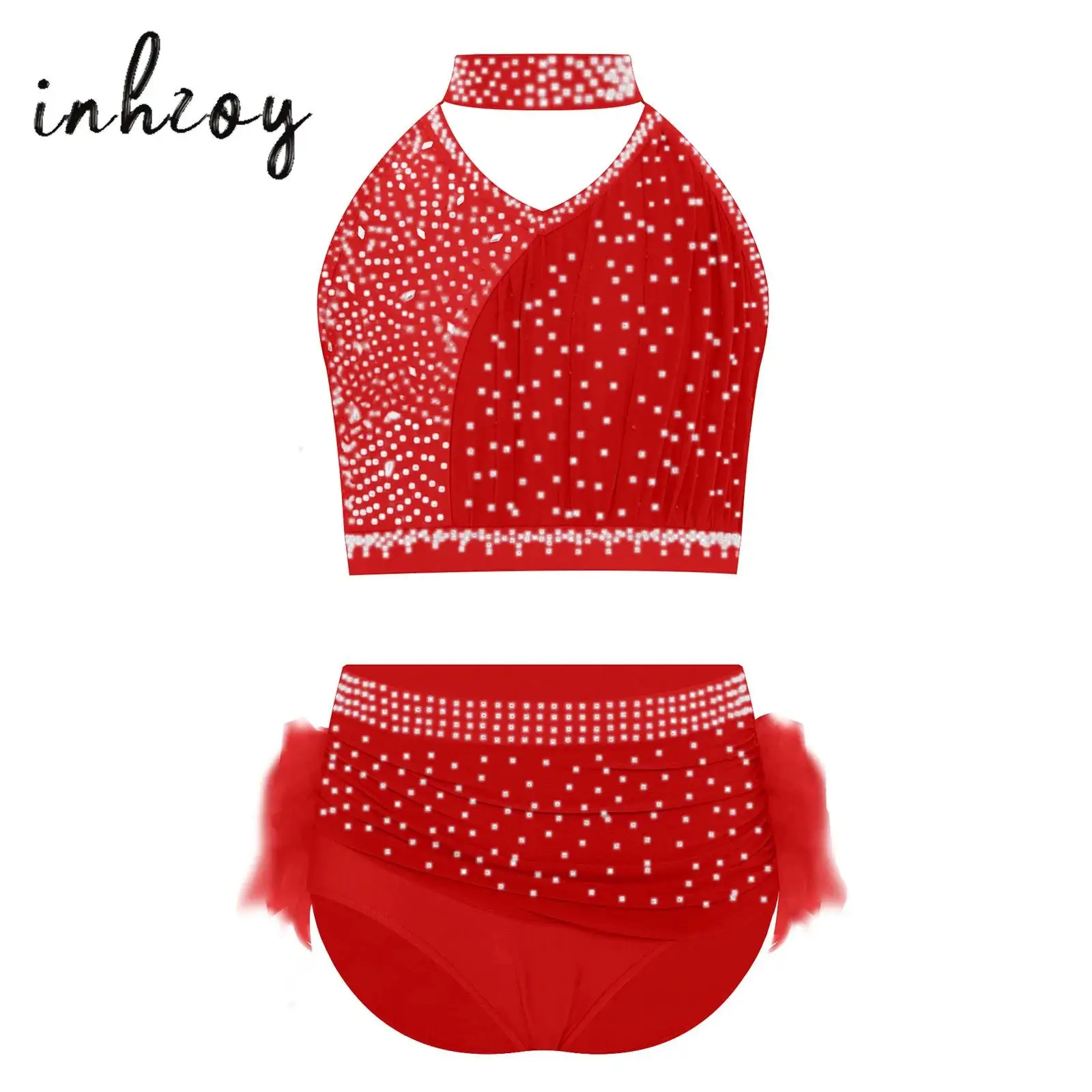 

Kids Girls Ballet Dance Outfit Sparkly Rhinestones Ruched Crop Top+Feather Briefs Skirt Set Jazz Latin Dance Performance Costume