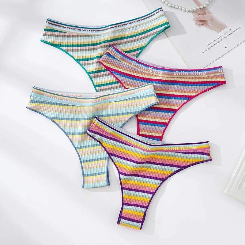 Women\'s Pure Cotton Colored Thong  Comfortable And Breathable Striped Rainbow