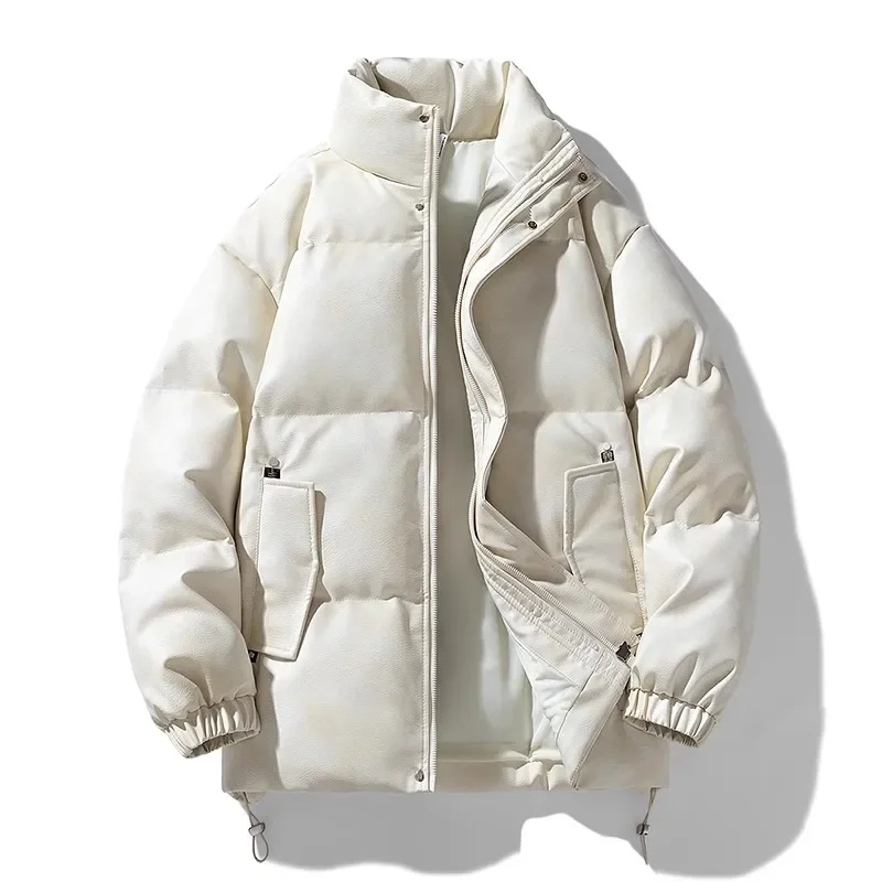 LIBIELIY Winter Men's Loose Casual PU Parkas Solid Stand Collar Warm Leather Parka Men Fashion Streetwear Couple Clothing Outwea