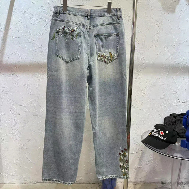يوم واحد يتم شحنها GOODBRAND الجينز الرجال النساء الشارع غسلها مستقيم الساق السراويل التطريز الزهور Goodbrand سراويل جينز