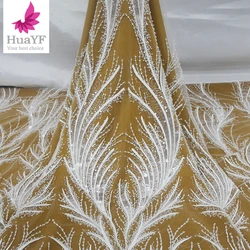 1 Yard French Sequin Heavy Bead Leaf Shaped Tulle White Romantic Bridal Wedding Dress Lace Fabric HY1511