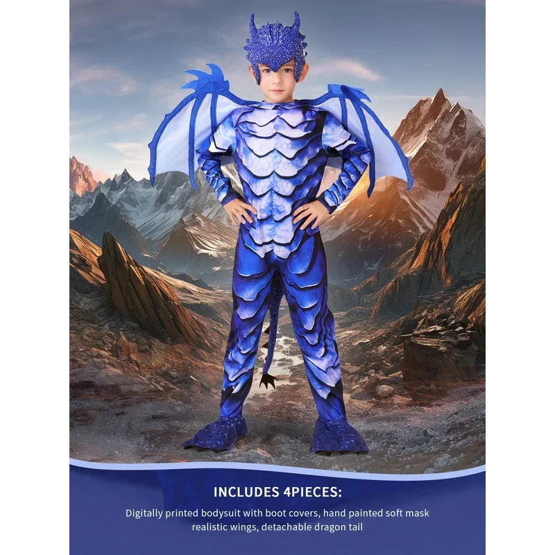بذلة Boy The Frost Blue Dragon Knight للأطفال لحفلات الهالوين كرنفال مع قناع ذيل الجناح