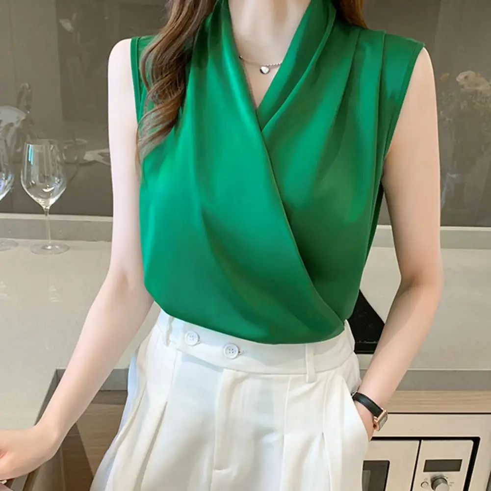 V-neck Sleeveless Top Satin Stitching V-neck Sleeveless Blouse Loose Fit Cross Wrapped Women's Summer Shirt Vest for Streetwear