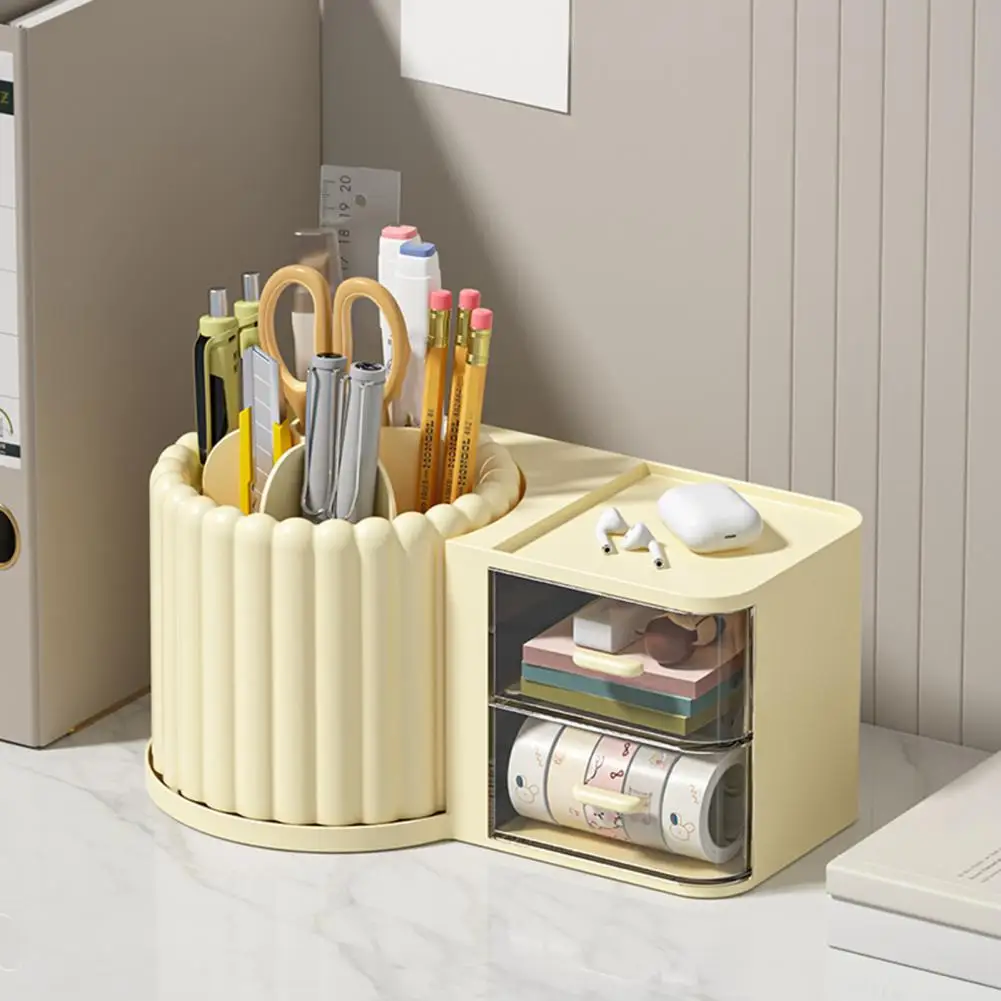 Storage Box with Groove Design Multi-grid Pen Holder Rotating Desktop Storage Box with Transparent Drawer for Home Office Supply