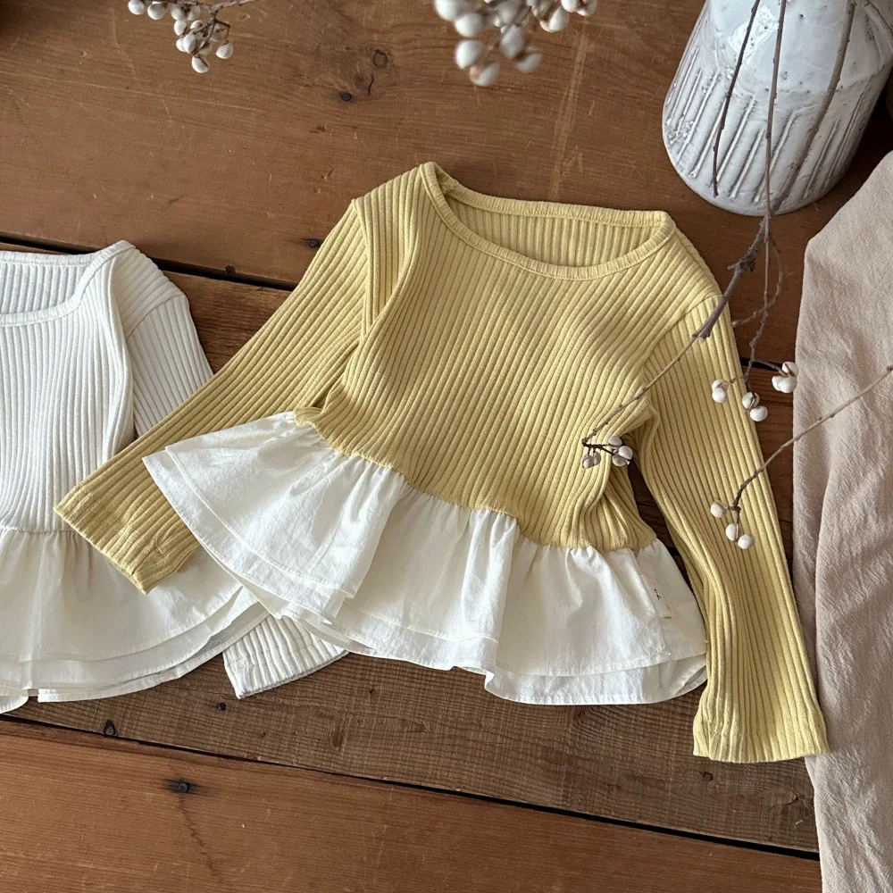 2026 Autumn New Baby Girl Long Sleeve Bottoming Shirts Girls Double Layer Ruffle T Shirts Cotton Toddler Solid Ribbed Tops