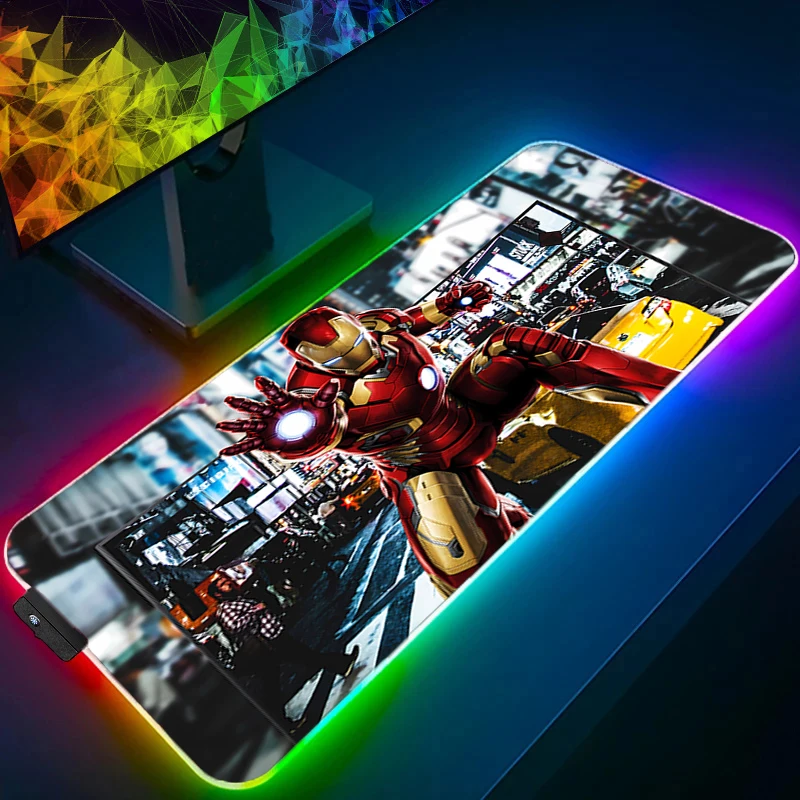Podkładka pod mysz RGB Iron Man Edge White XXL z obszyciem, podświetlana, akcesoria gamingowe, podkładka pod mysz LED dla graczy komputerowych, mata na biurko.