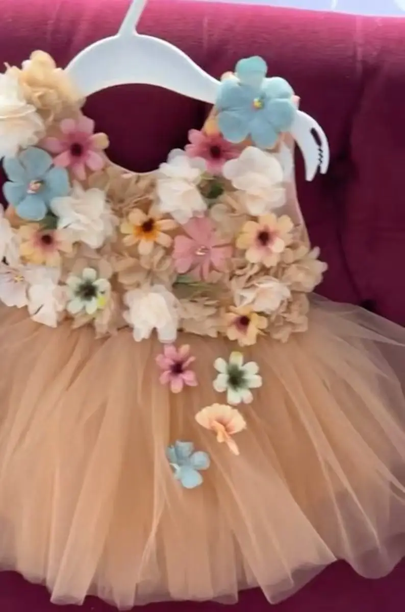 فساتين مخصصة للأم والبنت لحفلة عيد الميلاد قبالة الكتف حورية البحر ثلاثية الأبعاد زهرة الكرة ثوب تول طول الركبة فتاة #3