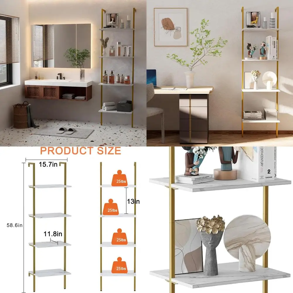

Industrial Style 4-Tier Metal and White Marble Wood Shelving Unit, Tall Open Storage Rack for Home Office and Bedroom, Wall-Moun