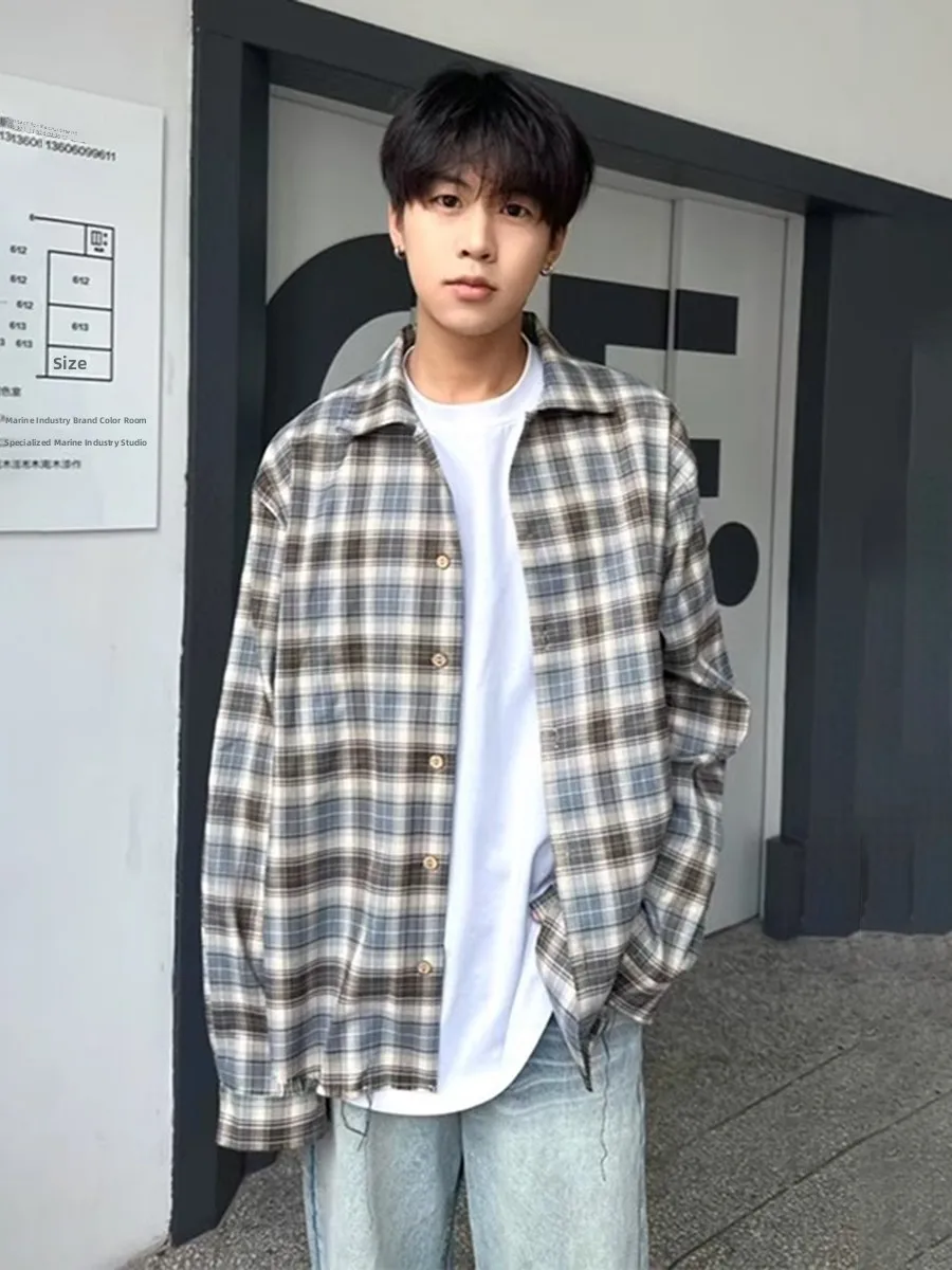 

Blue ey Plaid Long Sve irt Men's Spring Autumn Youth Sle Cleanfit Collar Coat Loose Fit Iron Free Trendy Button up