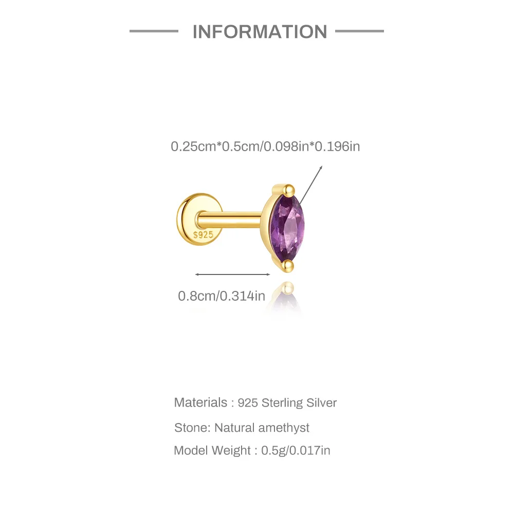 CANNER 1PC 925 Sterling Silver Natural Amethyst Flat Head Threaded Piercing Stud Earring For Women Geometric Earring Gift New