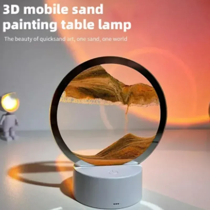 3D Color LED Flowing Sand Painting Table Lamp Art Picture Round Glass Hourglass Night Light Bedside Lamp Home Office Decorate