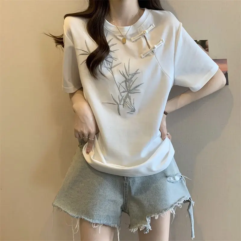 Chinese Style Bamboo Embroidery Frog Button Short Sleeve T-shirt Women's Summer New Loose Slim Top