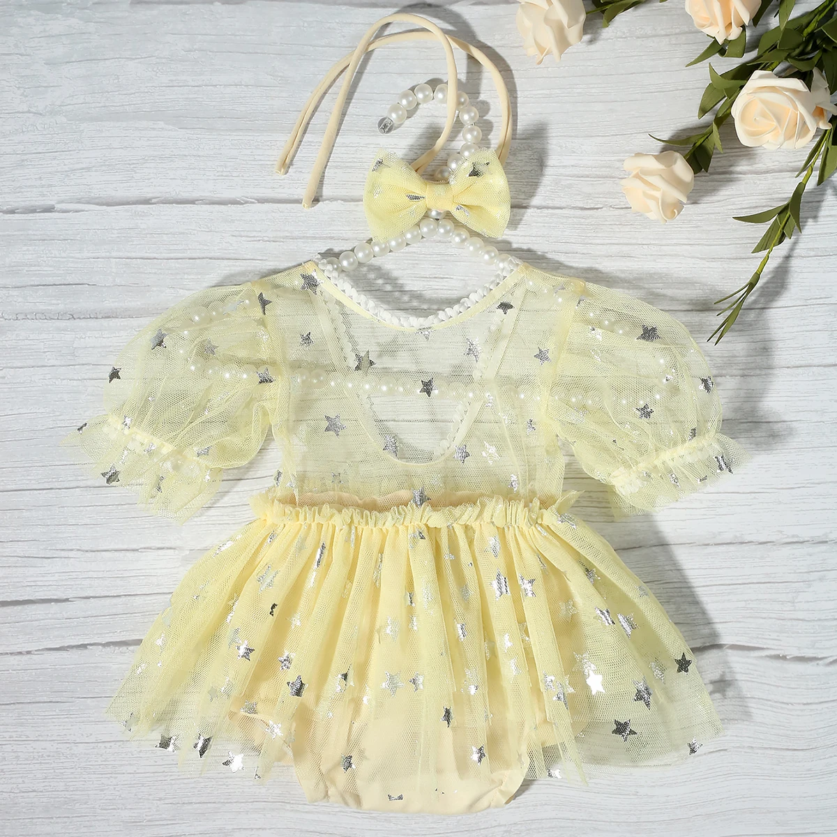 Ylsteed Newborn Photoshoot Outfit Baby Girl Shiny Siver Star Romper with Bow Headband Yellow Mesh Jumpsuit Infant Photo Props