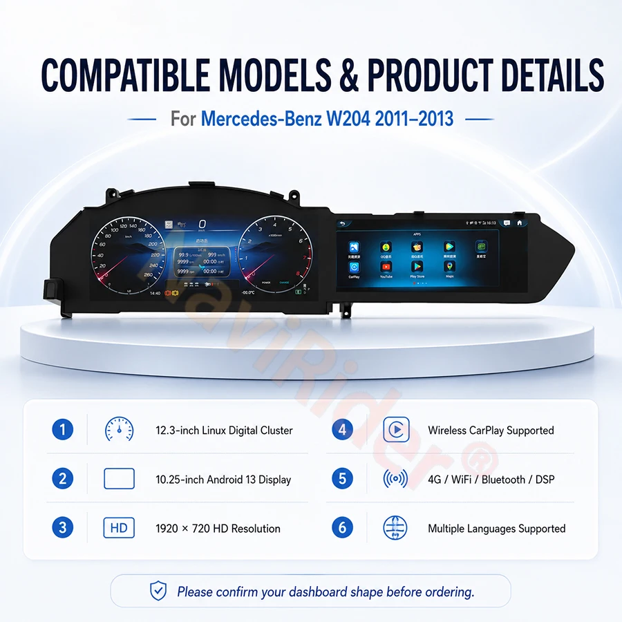 12.3inch Digital Cluster + Car Radio Dual Screen For Mercedes Benz W204 C-Class 2011-2014 Android 15 CarPlay Multimedia 4G WIFI
