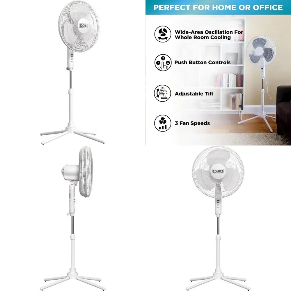 

16-дюймовый 3-скоростной осциллирующий напольный вентилятор с регулируемой высотой, наклоном и мощным воздушным потоком, белый цвет