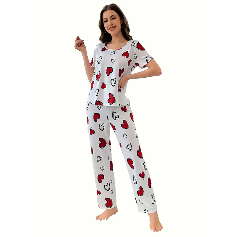 Women's Pajamas Set Casual Heart Print Short Sleeve Top Long Pants Sleepwear 2 Piece Set For Women Homewear Round Neck Suit