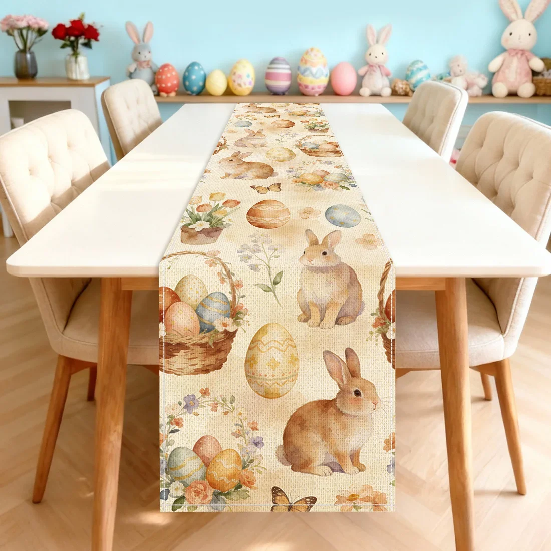 

Easter Rabbit Egg Flower Butterfly Digital Printed Linen Look 100% Polyester Table Runner For Dining Table & Home Decor
