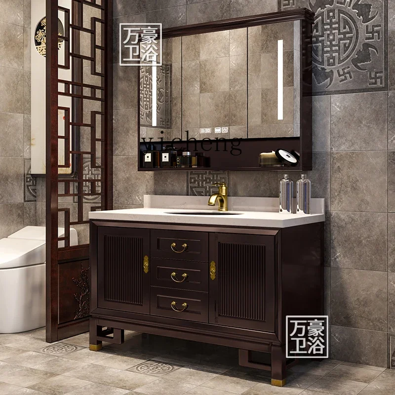 Zf oak double basin bathroom cabinet combination face wash hand basin pool solid wood washbasin basin