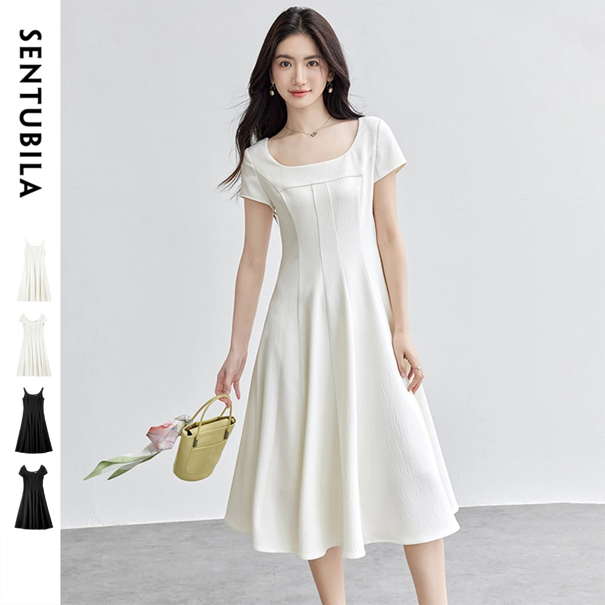 SENTUBILA ผู้หญิงชุดเดรสทรงเอฤดูร้อน 2025 แขนสั้นคอเหลี่ยมสีทึบพับวันหยุดชุดเดรสสำหรับสุภาพสตรีออฟฟิศ Q52LD1948