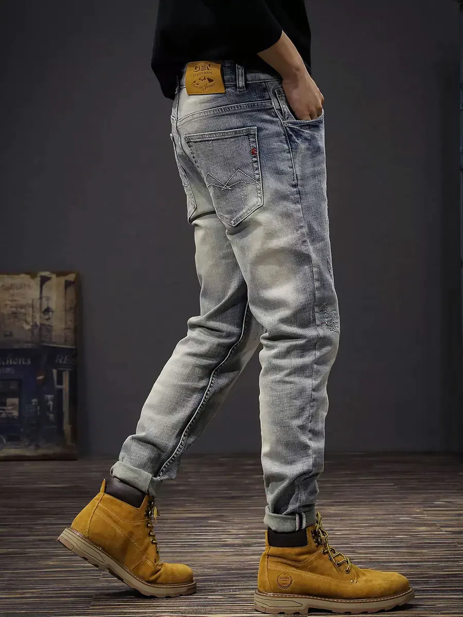 Streetwear Fashion Men Jeans Retro Light Blue Stretch Slim Fit Embroidery Ripped Jeans Men Vintage Designer Denim Pants Hombre