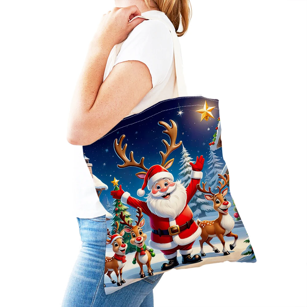 Merry Christmas Women Shopping Bags Double Print Lady Shopper Bag Cartoon Santa Claus Canvas Children Gift Girl Tote Handbag