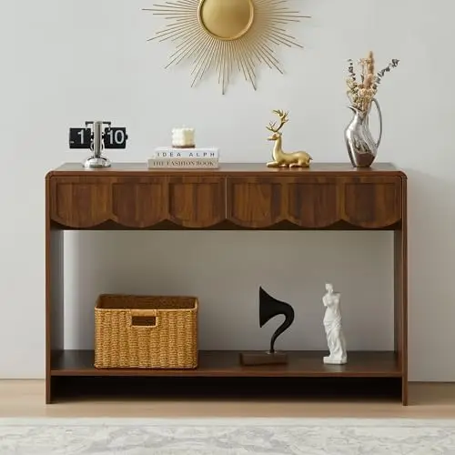 Consolle stretta con cassetti, tavolo da ingresso Mid-Century da 43', noce