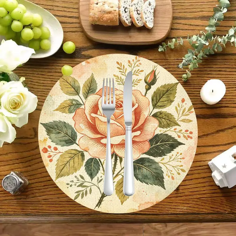 VIKAMA Vintage Peach Rose Linen Round Placemats Set of 6, Non-Slip Washable Heat Resistant Kitchen Table Mats