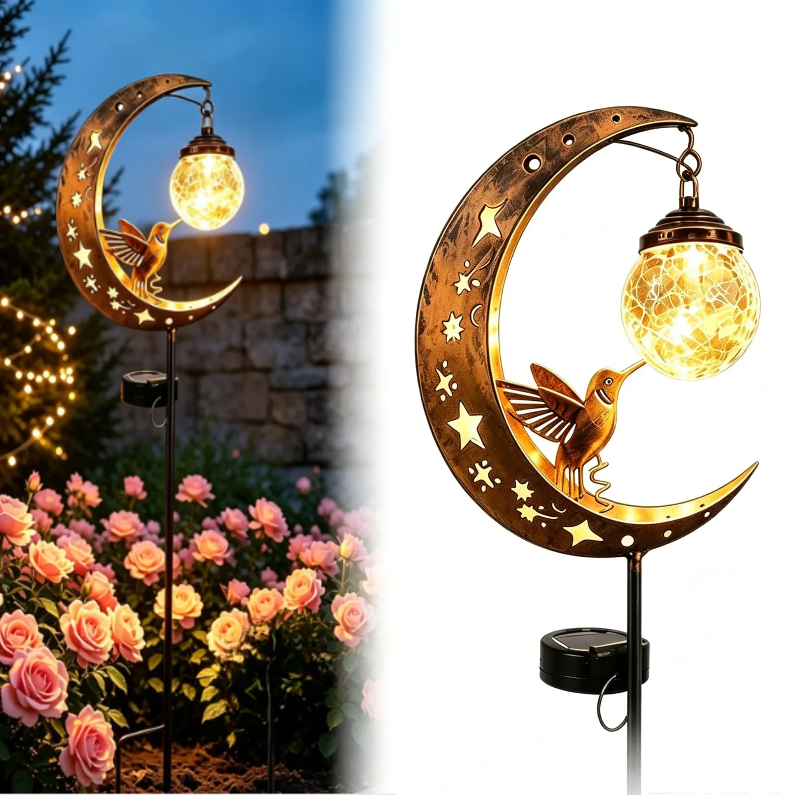 Solar Lawn Stake Light Crackle Glass Moon Hummingbird Silhouette Auto On Off Waterproof Solar Outdoor Yard Path Decor Lamp