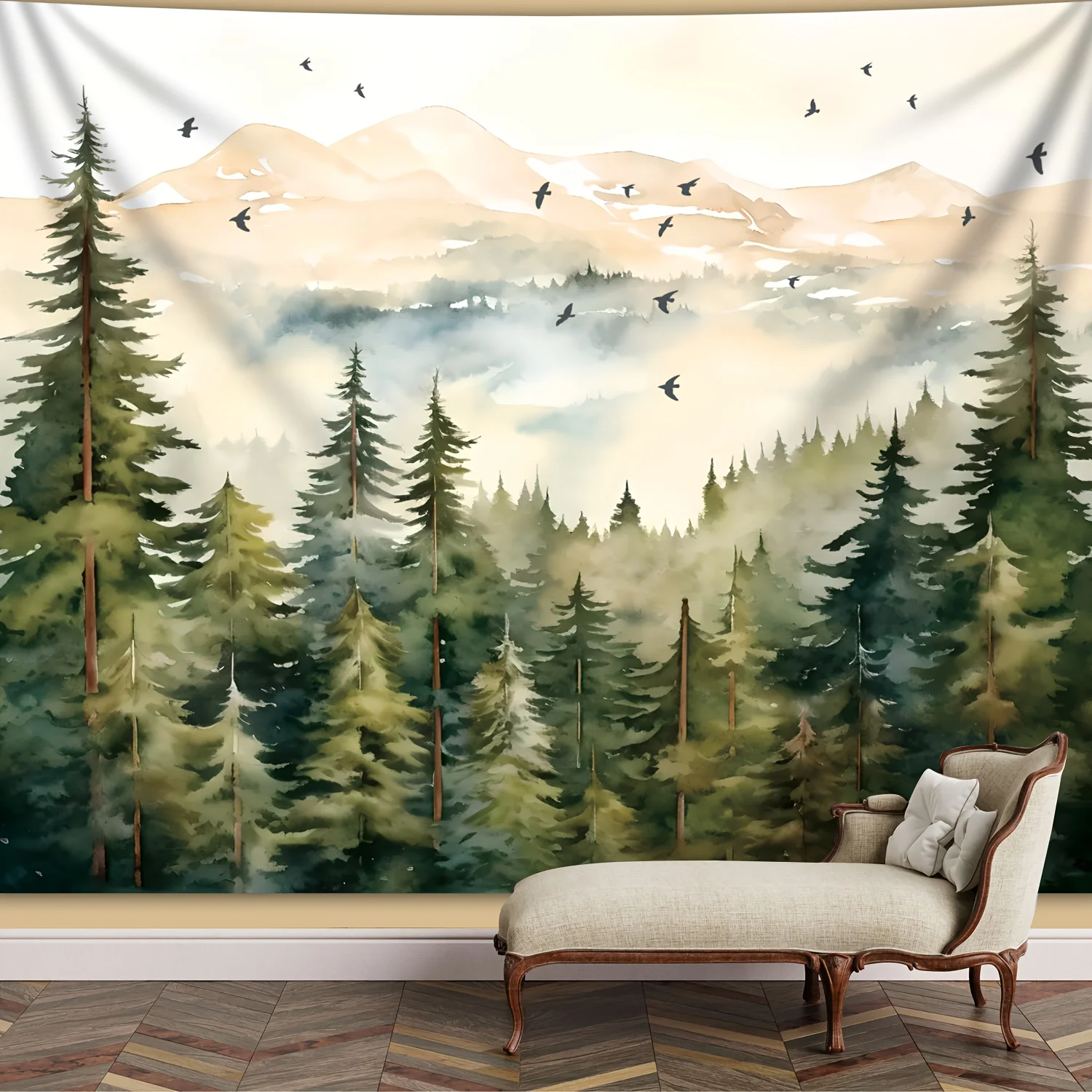 [Forest Bird Tapestry] 1pc Ultra Forest Bird Flock Distant Mountain Painting Large Size Landscape Photo Background Cloth Wall Ha