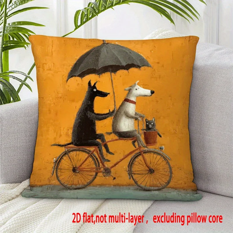 1pc 2D Flat Pillow Not Included Dogs Riding Bicycle Umbrella Art Cushion Cover Short Plush Whimsical Pet Lover Decor Gift Case