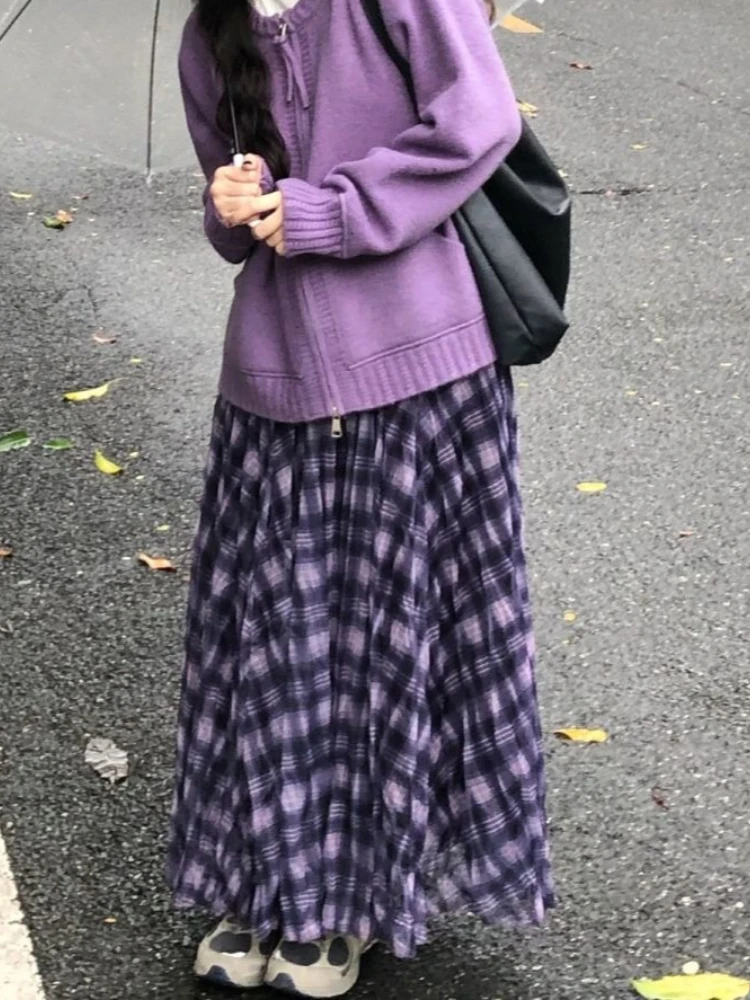 

Japanese Sweet Elegant Purple Plaid Skirts Women American Retro Chic Design Long Skirts Harajuku Fashion Korean Popular Clothes