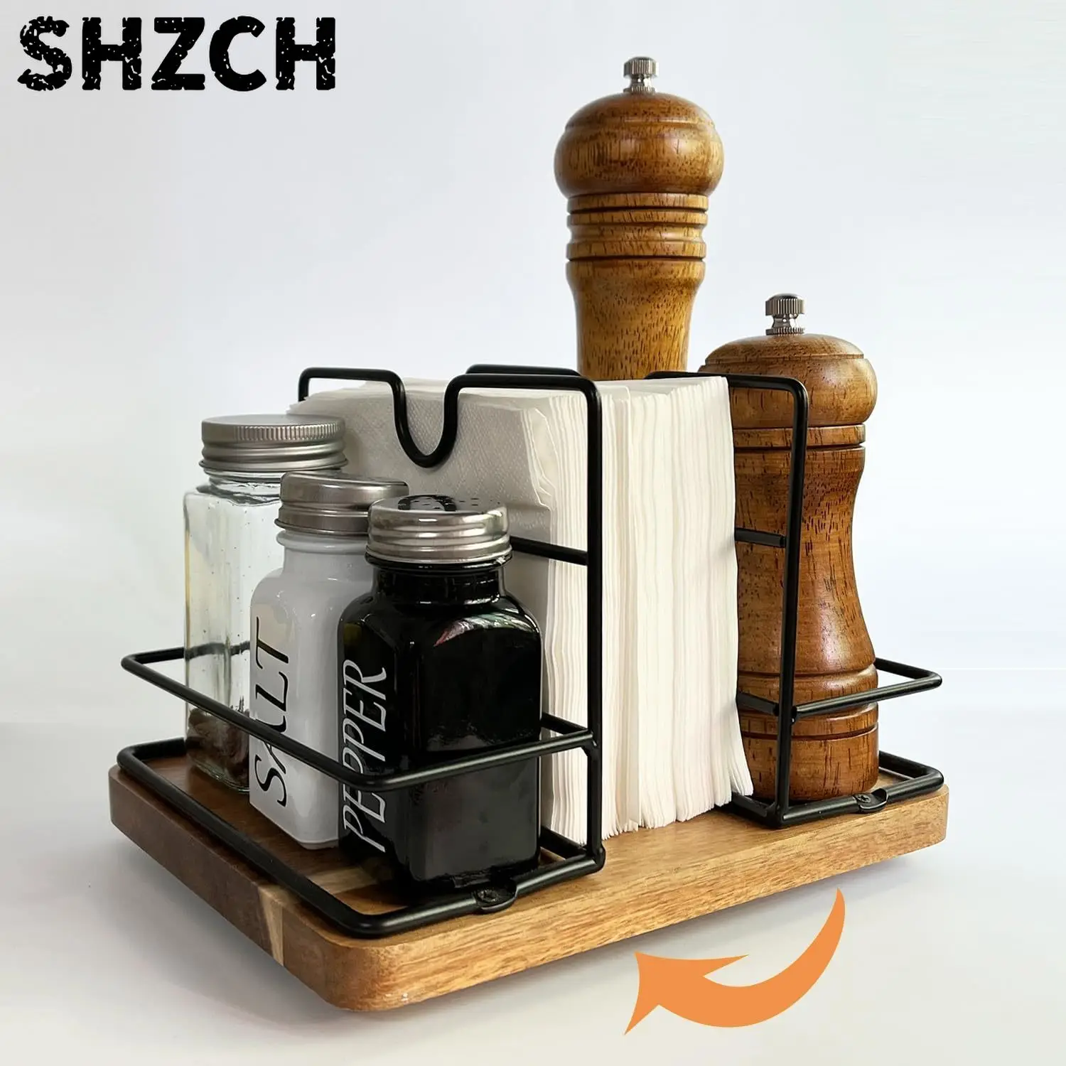 Rotating Wooden Napkin Dispenser, Acacia Kitchen Organizer with Spice Jar Holder, Rustic Dining Table Decor Set, Brown