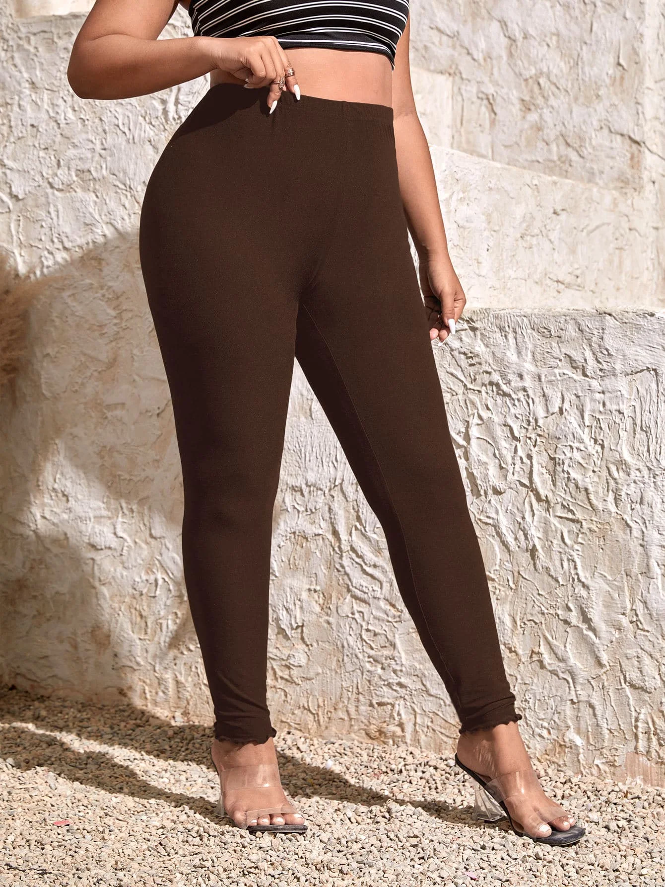 Solid High Waist Stretch Leggings for Plus Size Women, Spring to Summer Wear