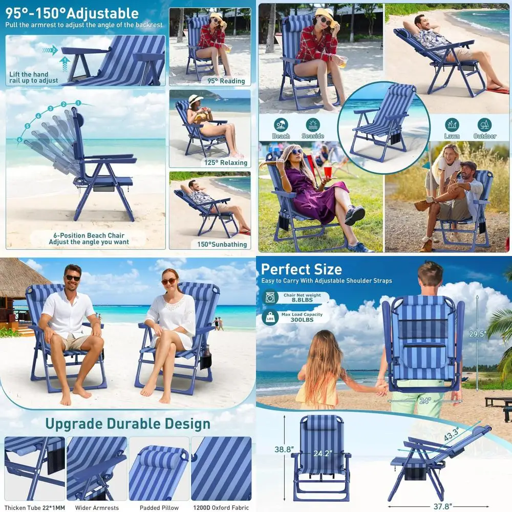 

6-Position Reclining Backpack Beach Chair with Cooler and Cup Holder for Adults - Portable, Lightweight for Camping, Outdoors, a