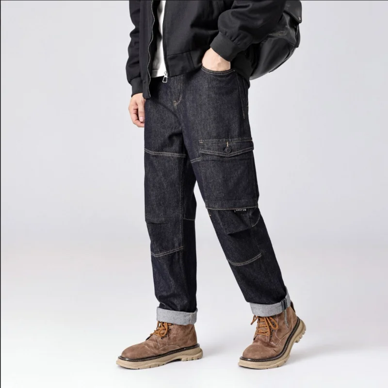

Spring and Autumn High end Jeans Men's Japanese workwear Style Splicing Multi pocket Work Loose Harun Pants