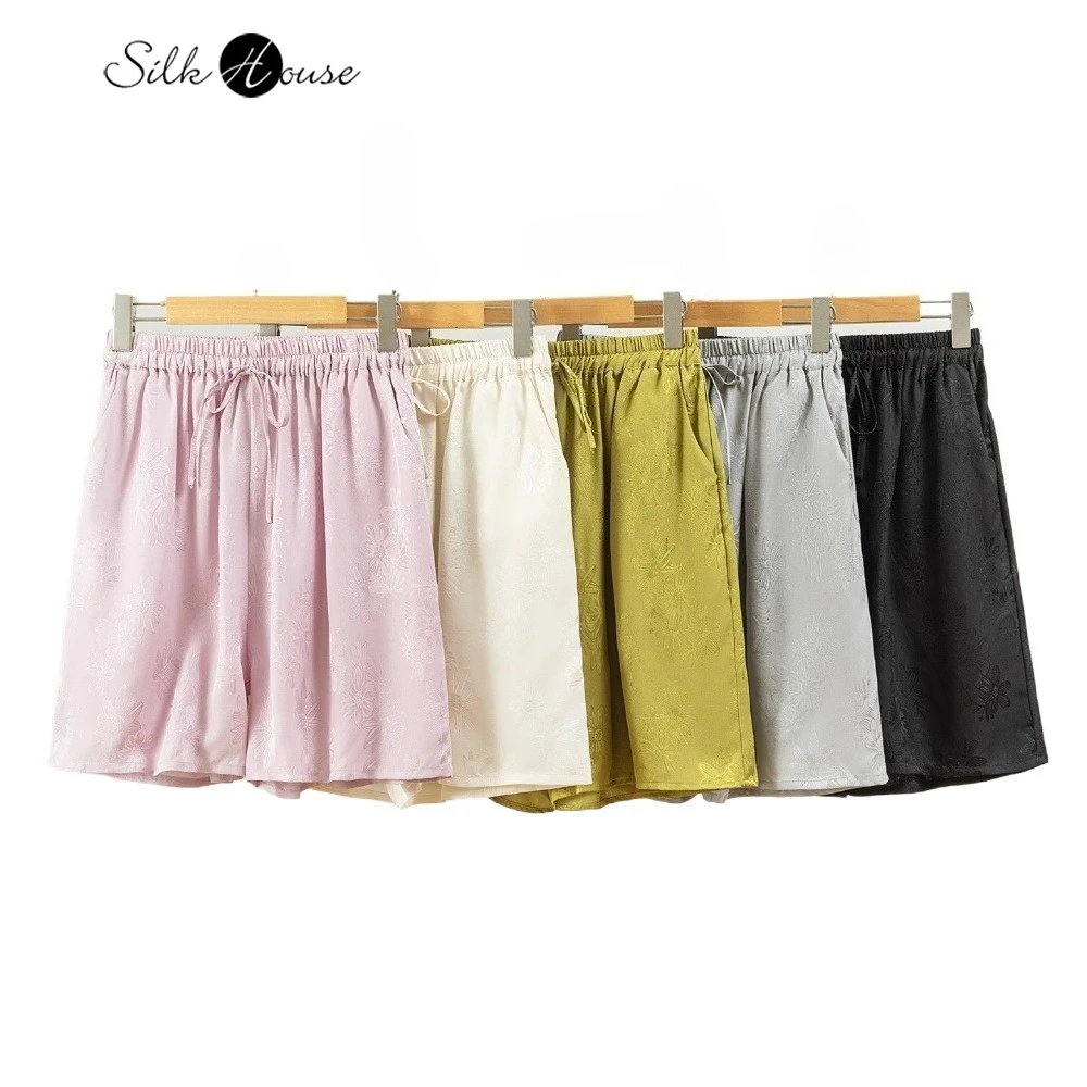 

2025 Women's Casual Summer New Small Daisy Jacquard 100% Natural Mulberry Silk Elastic Waist Loose Casual Wide Leg Pants