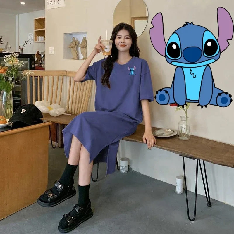 Miniso Stitch T-shirt Dress Lilo & Stitch 40-90kg Loose Fat Large Size Girl Women Lone Style Bluecolour Short Sleeved Soft Skirt