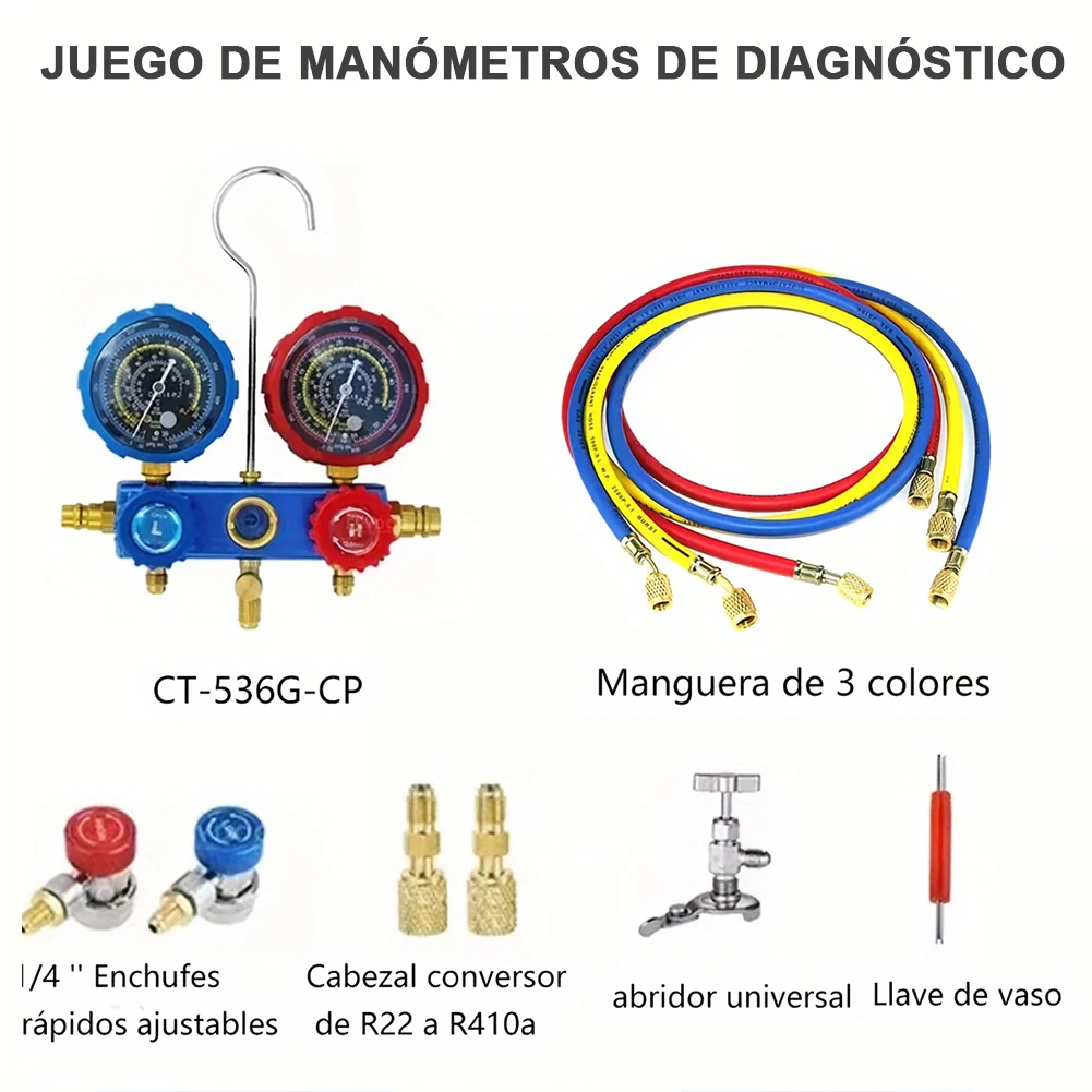 3-Wege-AC-Diagnose-Verteilermessgerät-Set mit 1,2 m Schläuchen, Klimaanlagen-Verteilermessgerät-Set für R134A/R22/R410/R404
