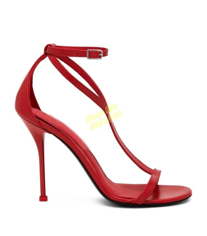 Red Leather T Strap Sandals Stiletto Thin High Heel Fashion 2024 Ankle Buckle Strap Open Toe Solid Cover Heel Runway Shoes