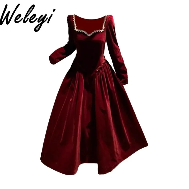 

Christmas Wear Ladies Rhinestones Red Velvet Dress Large Size Clothing Autumn Winter Temperament Women's Long Sleeve Robe Femme