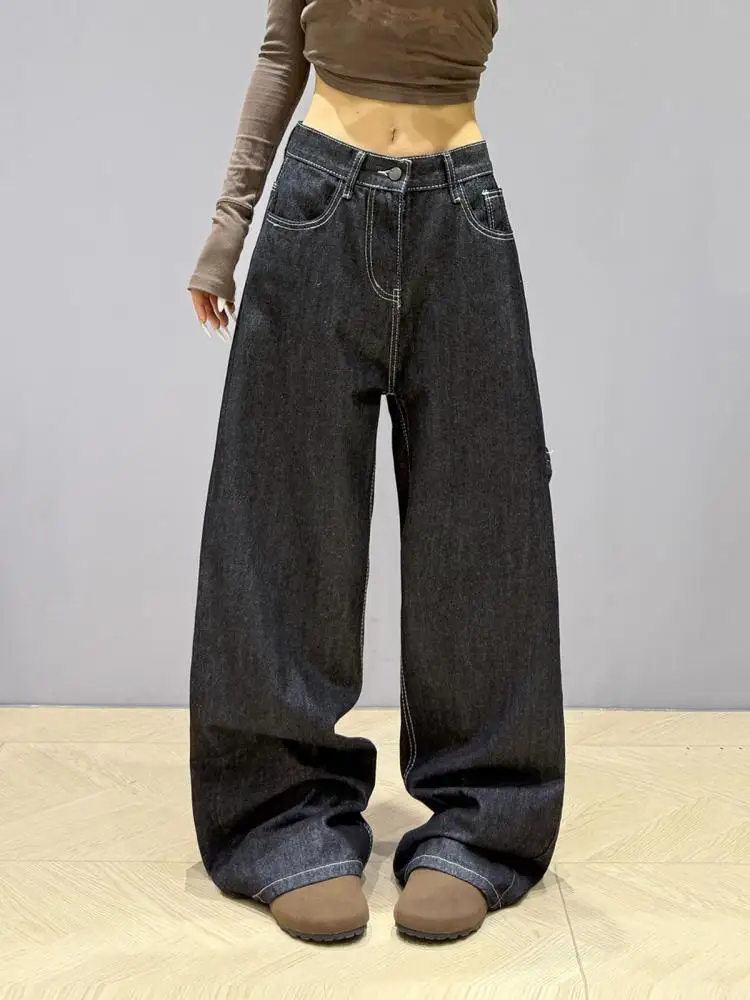 بنطلون جينز أمريكي عتيق مطرز بأرجل واسعة فضفاض على الموضة الكورية للنساء من قماش الدنيم 2000s Y2k بنطلون أنيق للأصدقاء #3