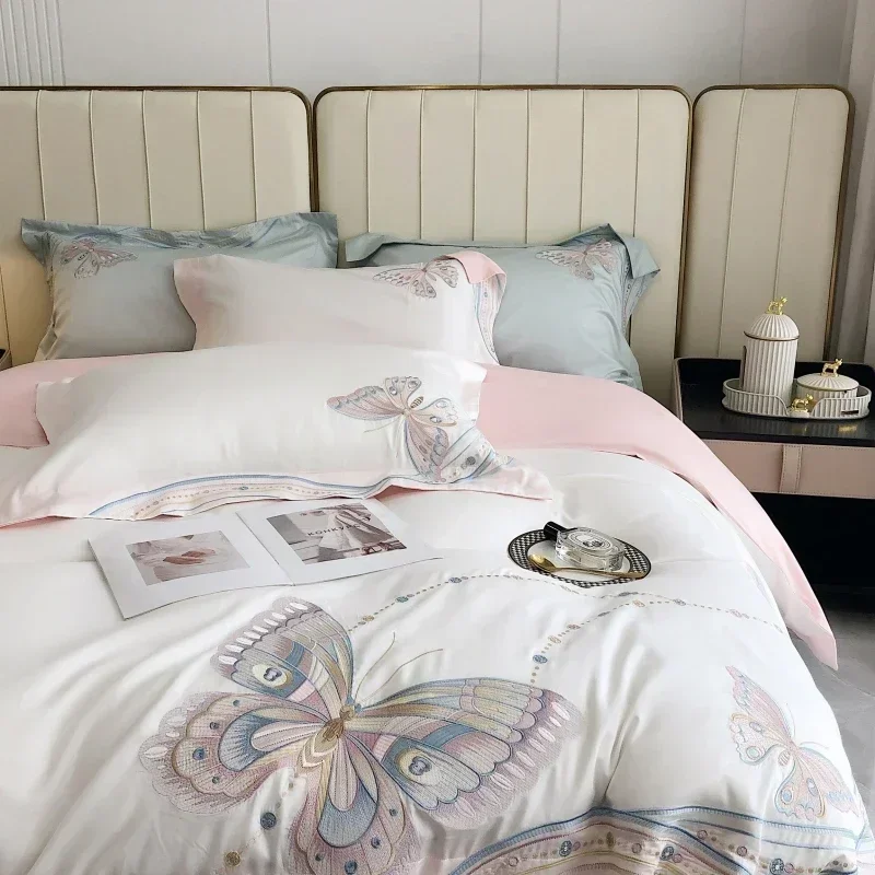 White Pink Patchwork Butterfly Embroidered Luxury Bedding Set 100S Egyptian Cotton Bed Sheet Set Pillowcase Duvet Cover Set 4Pcs