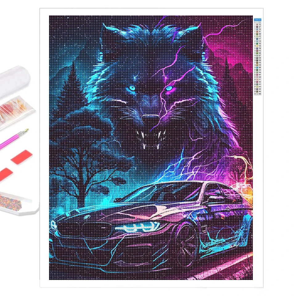 Neon Speed Diamond Mosaic Cars and Wolf Panthers 5D DIY Full Drill Animal Cross Stitch Kits Handmade Gift 2023 New Home Decor