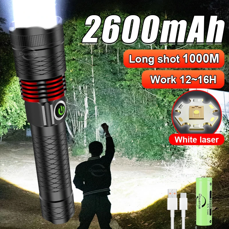 Work 16H Rechargeable Powerful LED Torch Waterproof Alloy Hand Lamp 1000m Super Bright Flashlight Outdoor Zoom Tactical Lantern