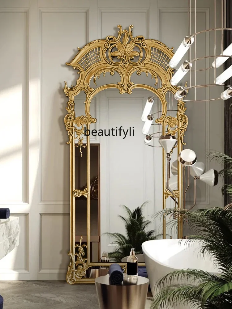 French Carved Full-Length Mirror Villa Retro Wall-Mounted Mirror European Luxury Fireplace Decoration Dressing Mirror