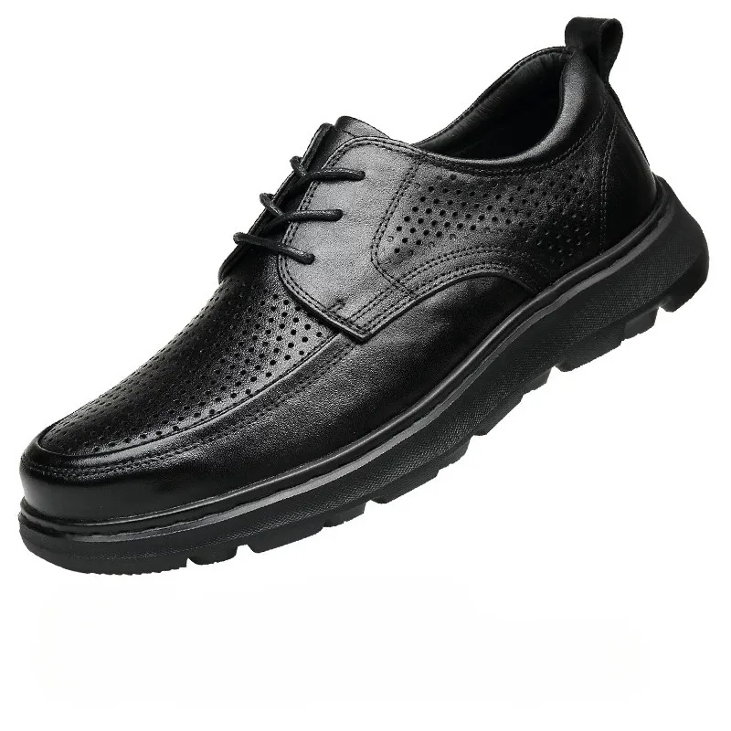 Fashion Casual leather shoes men's summer breathable Thick Sole cowhide hollow Out Summer business Genuine Leather Male Black
