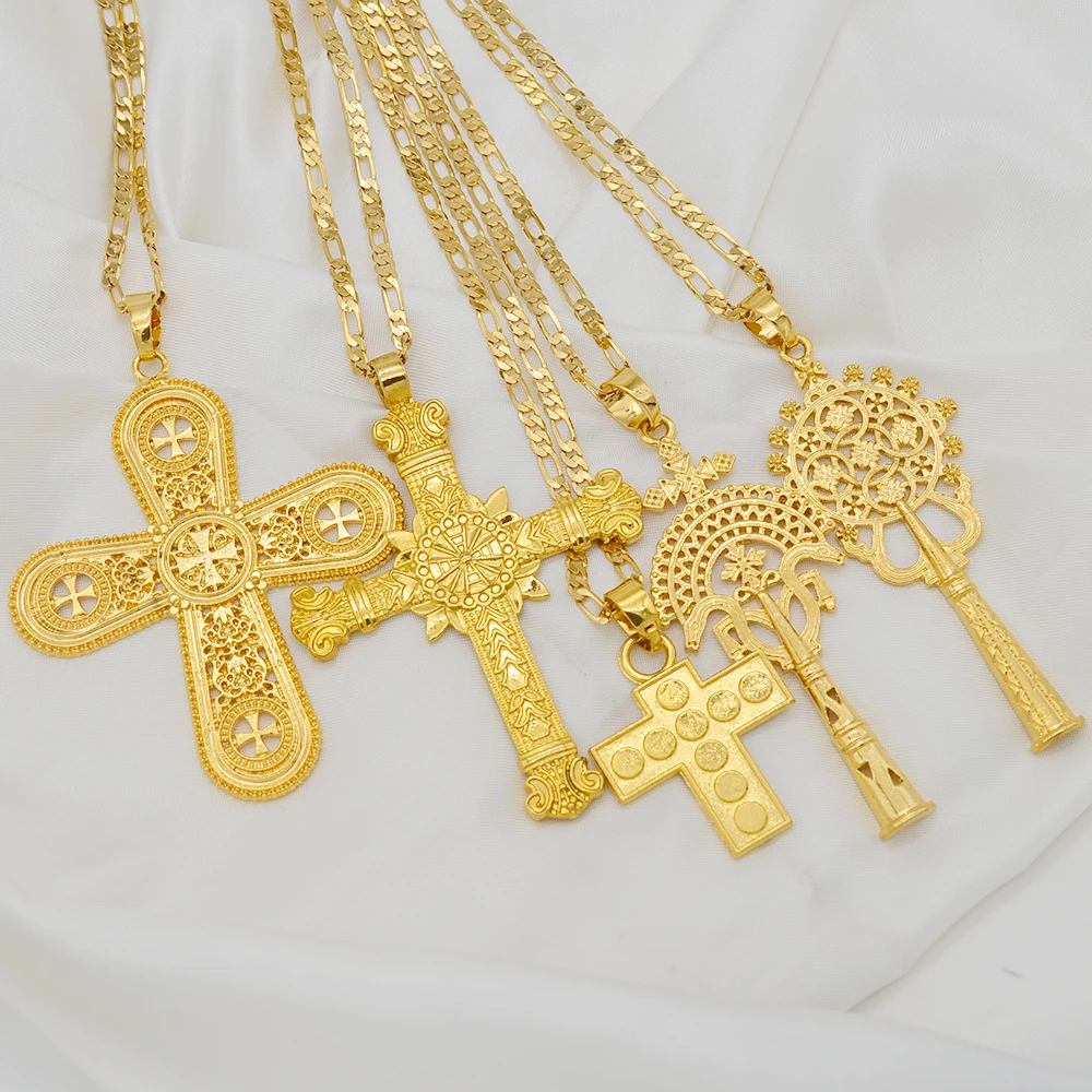 Anniyo Ethiopian Cross Pendant Chain Necklaces Women African Wedding Party Eritrean Jewelry