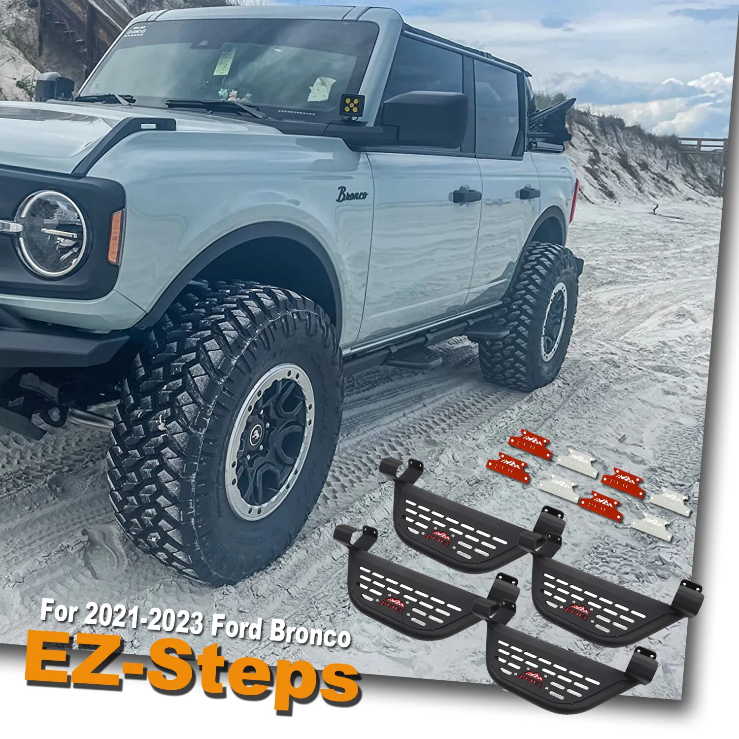 4X EZ-Steps For 2021-2024 Ford Bronco 4-Door, Add on OEM Rock Rail BLACK NEW