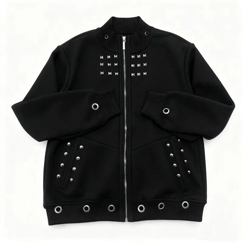 

Autumn and winter new women's long sleeved black jacket with hollow rivet design and zipper top, versatile for daily use